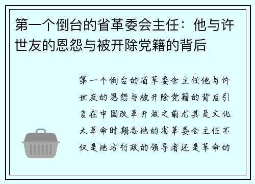 第一个倒台的省革委会主任：他与许世友的恩怨与被开除党籍的背后